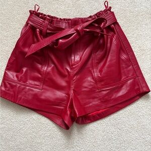 High-Rise Red Faux Leather Paperbag Shorts with Tie Waist